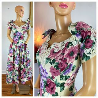 Vtg 80s Party Prom 100 Cotton Floral Tea Off Shoulder Circle Skirt Dress L Xl