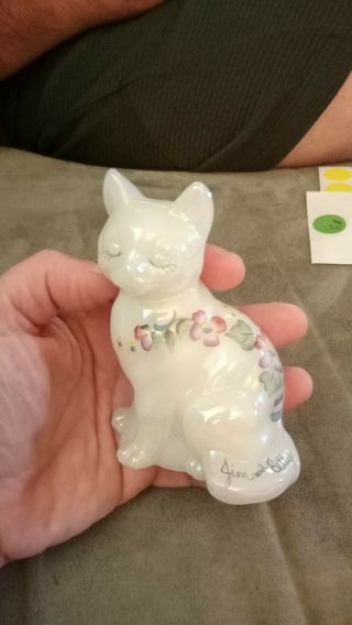Fenton Hand Painted Opalescent Cat With Flowers Signed Shelly