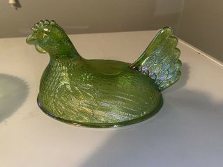 Vintage Indiana Iridescent Lime Green Carnival Glass Hen Chicken On Nest Unique 3
