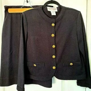 Vintage Castleberry Knit Skirt Suit Black Gold Buttons Usa Made Size 8p