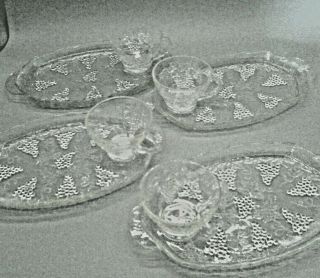 Set Of 4 Vintage Clear Glass Snack Plates With Grape Design And Cups