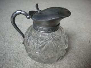 Vintage Cut Glass Syrup/creamer Pitcher With Hinged Metal Lid 3 1/2 " Tall
