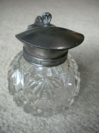 Vintage Cut Glass Syrup/Creamer Pitcher With Hinged Metal Lid 3 1/2 