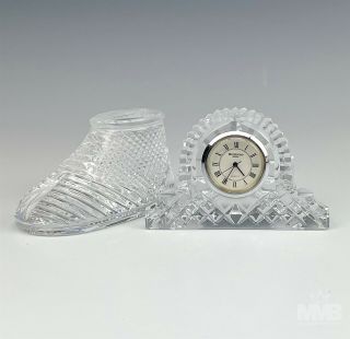 Waterford Crystal Quartz Desk Table Clock & Baby Shoe Art Glass Paperweight Lhb