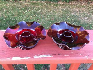 Martinsville Glass Moondrop Red Ruffled Edge Candleholders,  Pair
