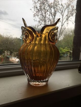 Art Glass Owl Vase,  Amber Coloured 7.  25 Inches Tall