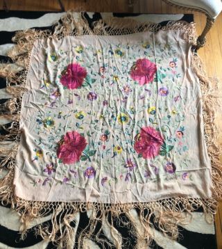 Stunning Antique Light Pink Silk Hand Embroidered Floral Piano Shawl