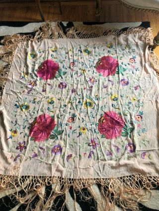 Stunning Antique Light Pink Silk Hand Embroidered Floral Piano Shawl 2