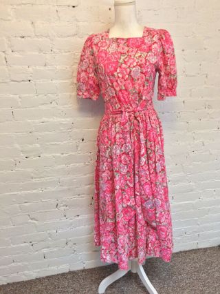 Laura Ashely Vintage 90s Full Skirt Midi Dress Pink Floral Cotton 12