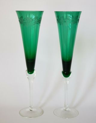 Lenox Holiday Toasting Flutes Emerald Holly Berry Etched 1998 Euc
