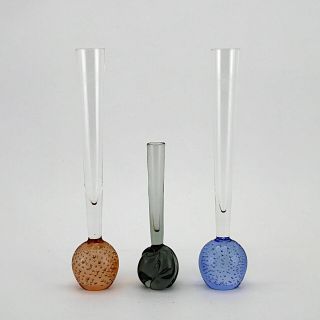 Three Vintage Art Glass Single Stem Bud Vases,  Two Controlled Bubble (1960s/70s)