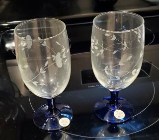 Princess House Heritage Blue Stem Goblets 16oz 6 3/4 " Wine Glass Set Of 2