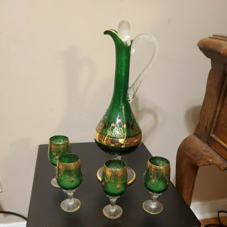 Vintage Venetian Glass Decanter Set - Green & Gilt With Red Beads