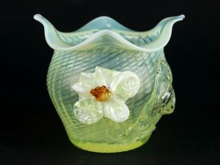 Victorian Art Glass Vaseline Opalescent Swirl Weave Rose Bowl W Flower,  Discount