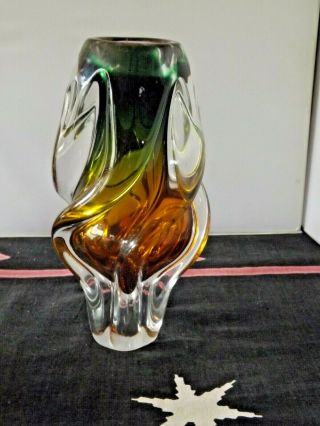 Vintage Bohemia Hand Blown Art Glass Twist Vase 8.  1/2 Inch Tall