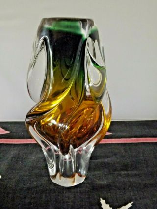 Vintage Bohemia Hand Blown Art Glass Twist Vase 8.  1/2 inch tall 2