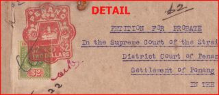 1922 Straits Settlements Penang $2 Fiscal Revenue On Compl Court Document