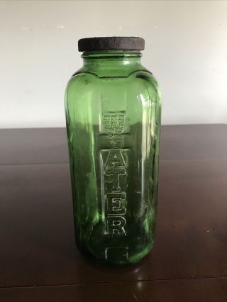 Vintage Hazel Atlas Forest Green Glass Water Juice Bottle 40 Oz Rusty Cap