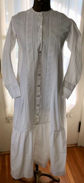 Antique Edwardian White Cotton Night Gown Dress W/ Pin Tucks & Embroidery