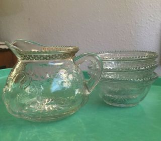 Eapg Jenkins Clear Glass Small Pitcher & Fruit Bowls (3) Strawberry Checkerboard
