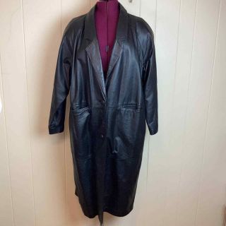 Vintage 80s 90s Full Length Black Leather Trench Coat Plus Size 22/24