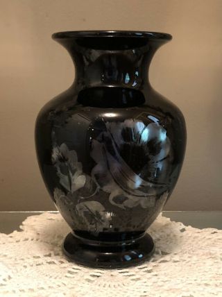 Fenton Silver Poppies On Ebony Black Footed Vase Signed D.  Genel 6 1/2”