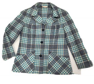 Vintage Pendleton Womens 16 100 Virgin Wool Blue Plaid Fitted Blazer Jacket