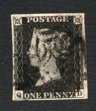 1840 Penny Black Sg 1 - - 1d Black Plate 8 " Q D " Black Maltese Cross Cancel.
