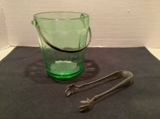 Vintage Green Depression Glass Ice Bucket,  Metal Swing Handle And Tongs