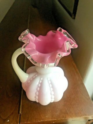 Vintage Fenton Cranberry Pink White Cased Beaded Melon Vase With Handle 2