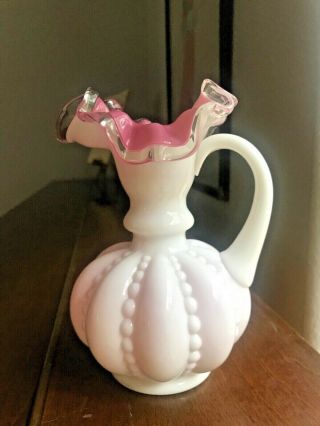 Vintage Fenton Cranberry Pink White Cased Beaded Melon Vase With Handle 3