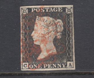 Great Britain Sc 1b.  1840 Penny Black,  Corner Letters C - A,  Sound,  4 Margins