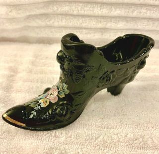 Fenton Black Shoe Hand Painted Pink,  Blue,  And Yellow Roses