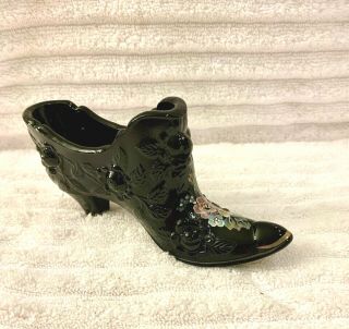 FENTON BLACK SHOE HAND PAINTED PINK,  BLUE,  AND YELLOW ROSES 2