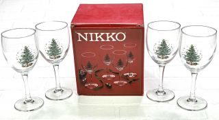 Vtg Nikko Christmas Tree Glassware 10.  5 Oz All - Purpose Goblets Stemware Wine Set