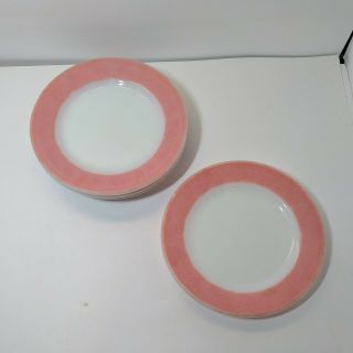 Vintage Pyrex Double Tough 7 " Pink Trim White Plates Thick Glass Set Of 4