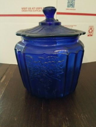 Vintage Cobalt Blue Glass Candy Cookie Biscuit Jar With Lid