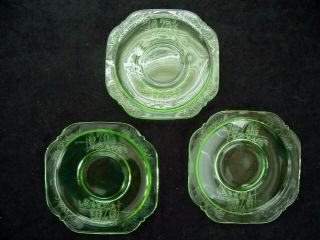 3 Vintage Depression Glass Green Uranium Federal Sylvan Parrot Saucers