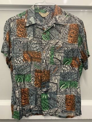 1950s Vintage Men’s Pilgrim Rayon Aloha Hawaiian Shirt Tiki Med