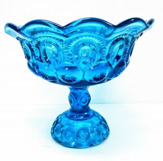 Vintage Le Smith Moon & Stars Blue Glass Footed Compote/ Candy Dish.  7 " Tall