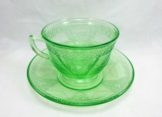 Vintage Federal Green Depression Glass Tea Cup Saucer Set Love Bird Georgian Xlt