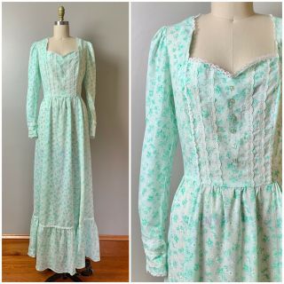 Vintage 70s Prairie Dress Sz M 28 " W Gunne Sax Style Cotton Hippie Boho Floral