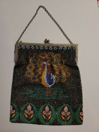 Vintage / Antique Peacock Micro Beaded Purse 8.  5” X 7.  5” Double Sided Stunning
