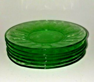 6 Vintage Depression Green Vaseline Floral Glass Dessert Ribbed Plates Dishes