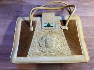 70s Vintage Made In Mexico Hand Tooled Leather Purse White With Flower
