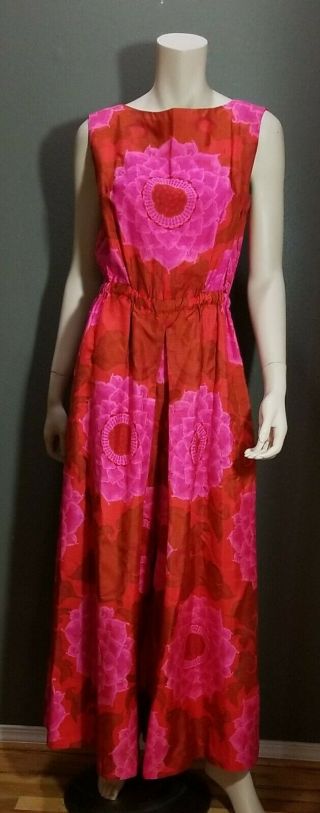 (M) Vintage 1960s Star of Siam Handwoven Silk Culottes Maxi Dress Red Floral EVC 2
