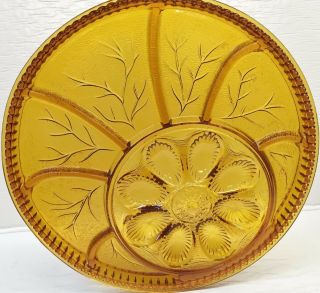 Vintage Indiana Glass Amber Tree Of Life Deviled Egg & Relish Plate