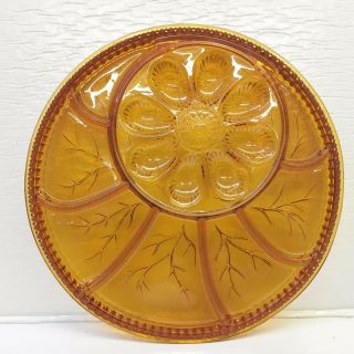 Vintage Indiana Glass Amber Tree of Life Deviled Egg & Relish Plate 2