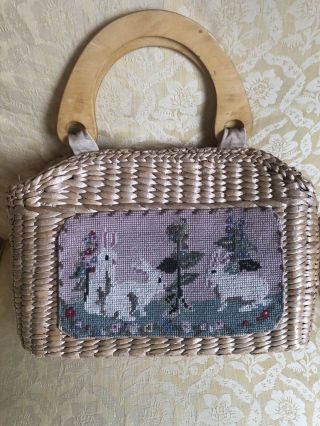 Vintage Needlepoint Easter Bunny Rabbit Preppy Tote Natural Straw Wood Bag Purse