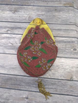 Vintage Beaded Purse Handbag W/ Cameo Art Deco Made In Belgium Red Flower